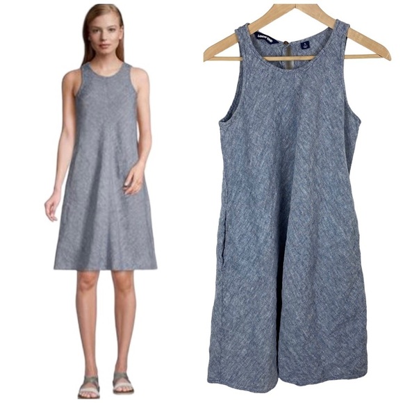 Lands' End Dresses & Skirts - Lands End Dress Size Small 6 / 8 100% Linen Pockets Sleeveless Blue Keyhole Back